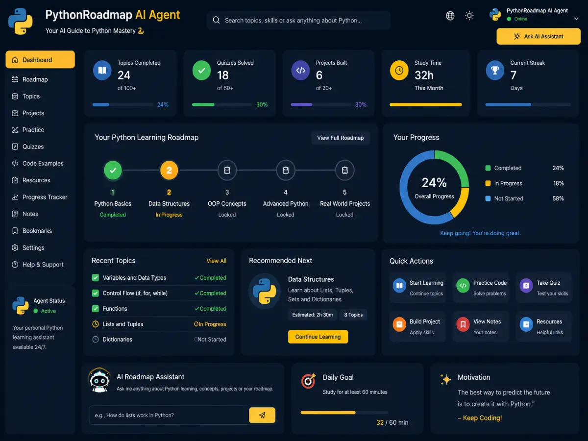 pythonroadmap.app AI Python roadmap app — personalized coding plan and progress dashboard preview